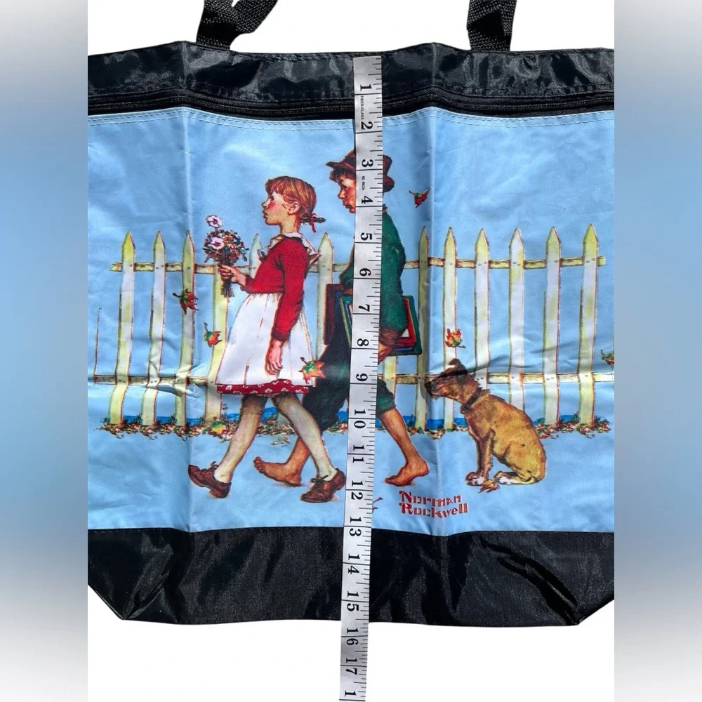 Norman Rockwell Print Tote Bag Black Nylon Large Bag Carry All - Picture 4 of 5
